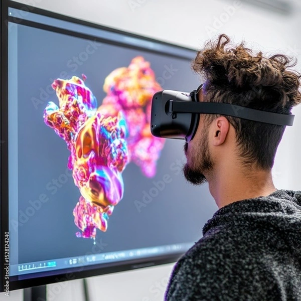 Obraz Man Experiencing Immersive VR Design, Colorful 3D Models on Screen