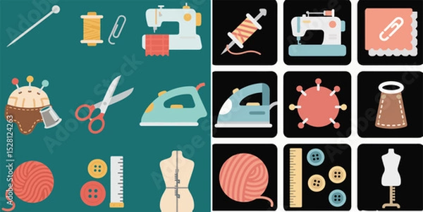 Obraz illustrations of sewing supplies. The left side has colorful icons, while the right displays simplified, black and white icons.