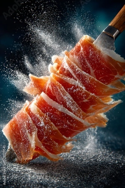 Fototapeta Prosciutto, dry cured ham very thin, sliced dynamically floating in air. Concept of prosciutto highlighting culinary elegance and art of slicing with precision.