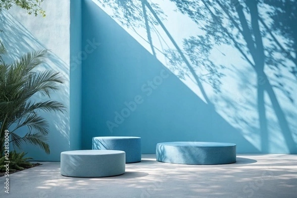 Fototapeta Panoramic abstract blue background for product presentation with sunlight and blurred shadows wall. 
