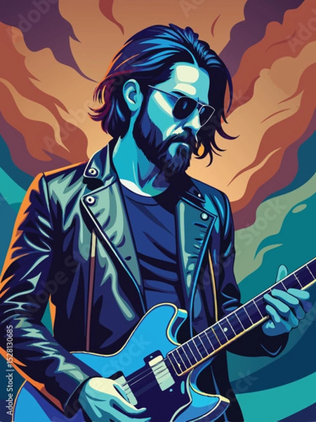 Fototapeta Rock musician with electric guitar. Vector illustration of a rock musician.