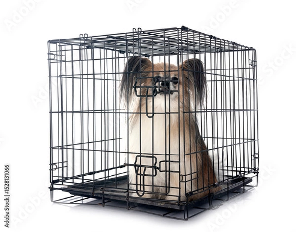 Fototapeta papillon dog in cage in studio
