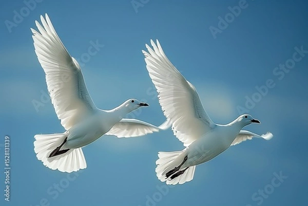 Fototapeta Two Majestic White Birds Soar Gracefully Against a Clear Blue Sky in Perfect Harmony