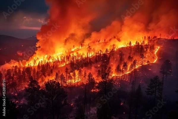 Fototapeta Raging Wildfire Sweeps Through Forest Hills Under Dramatic Night Sky with Intense Flames