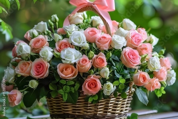 Fototapeta Vibrant pink and white rose basket with lush greenery in a serene garden setting