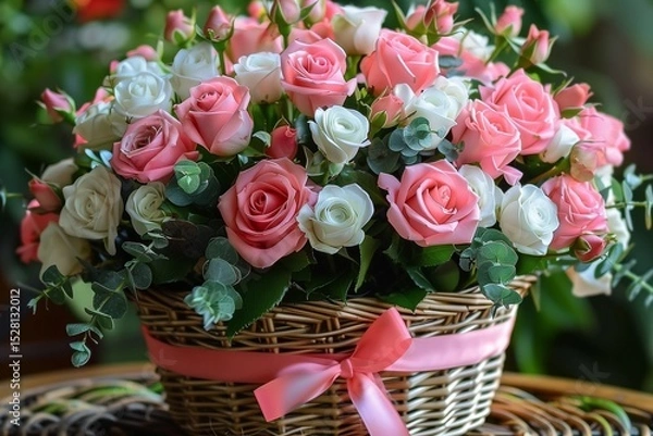 Fototapeta Delicate Basket of Pink and White Roses Adorned with Lush Greenery and a Soft Pink Ribbon