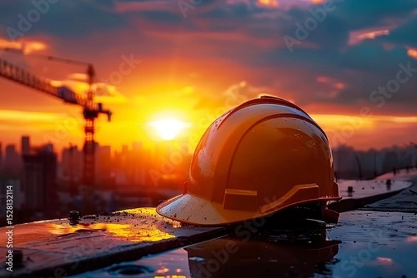 Fototapeta Sunset Over Construction Site: A Tranquil Moment Amidst Urban Development and Progress