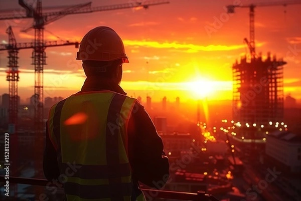 Fototapeta Engineer Overseeing Construction Site at Sunset, Illuminated by a Vibrant Orange Sky