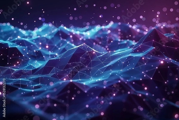 Fototapeta Vibrant Digital Landscape with Neon Waves and Glowing Particles in an Abstract Night Sky