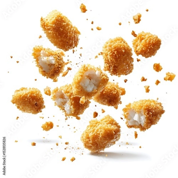Fototapeta A cluster of crispy golden-brown breaded fish nuggets exploding mid-air against a stark white background