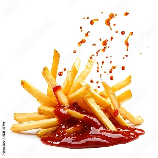 Fototapeta A dynamic splash of ketchup enveloping a pile of golden, crisp french fries with droplets flying in the air, set against a pure white background
