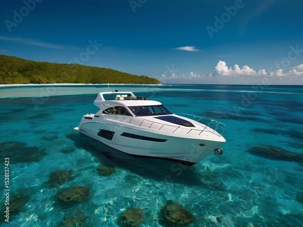 Obraz A White Luxury Yacht Sailing Through Turquoise Waters Under a Clear Blue Sky on a Sunny Day, the Essence of a Perfect Day at Sea.