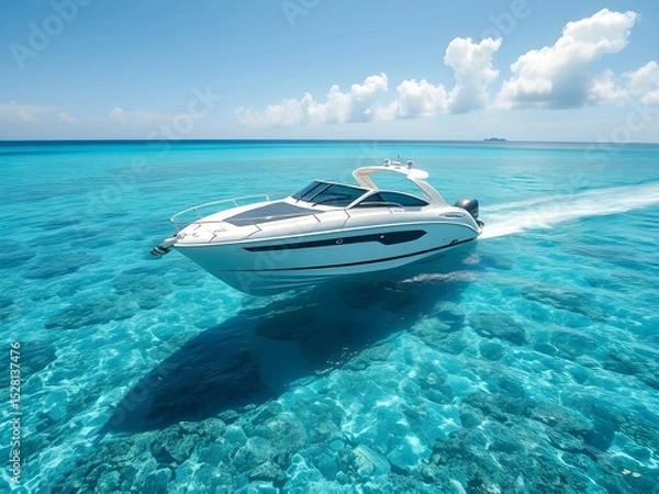 Obraz A White Luxury Yacht Sailing Through Turquoise Waters Under a Clear Blue Sky on a Sunny Day, the Essence of a Perfect Day at Sea.