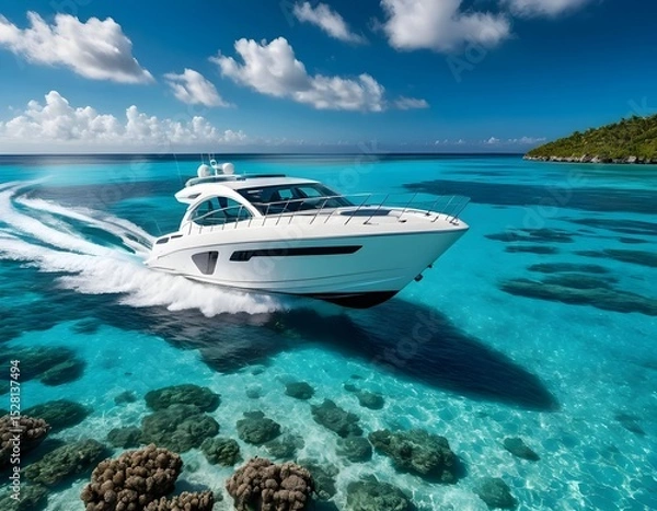 Obraz A White Luxury Yacht Sailing Through Turquoise Waters Under a Clear Blue Sky on a Sunny Day, the Essence of a Perfect Day at Sea.