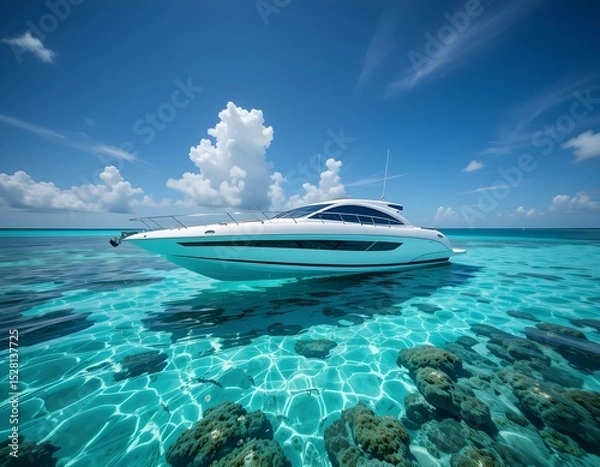 Obraz A White Luxury Yacht Sailing Through Turquoise Waters Under a Clear Blue Sky on a Sunny Day, the Essence of a Perfect Day at Sea.