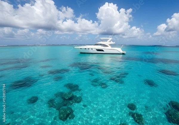 Obraz A White Luxury Yacht Sailing Through Turquoise Waters Under a Clear Blue Sky on a Sunny Day, the Essence of a Perfect Day at Sea.