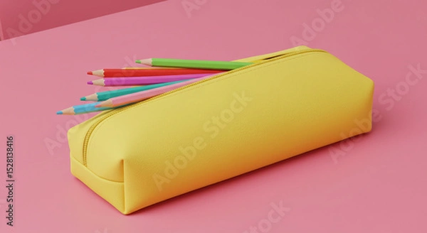 Fototapeta Yellow minimalist pencil case with colored pencils on pink table