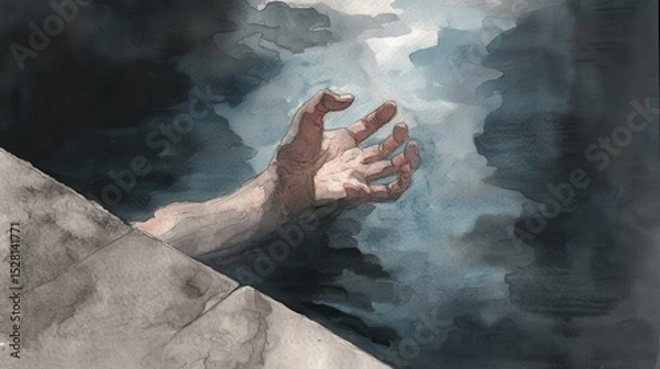 Fototapeta Pale Hand Reaching from Dark Pool, Grasping for Light