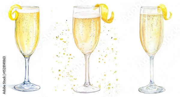 Fototapeta Set of three watercolor illustrations of French 75 cocktail in champagne flutes with lemon twist garnish and golden bubbles. Hand-painted drink artwork on white background. Classic cocktail 