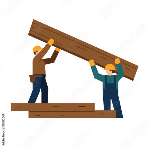 Fototapeta Two construction workers in hard hats and work clothes are collaboratively lifting a long wooden plank onto a partially built wooden structure.