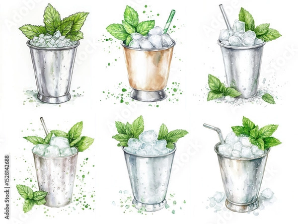Fototapeta Set of six watercolor illustrations of Mint Julep cocktails in metal cups with crushed ice and mint sprigs, various compositions on white background with green splashes. Classic bourbon drink artwork.