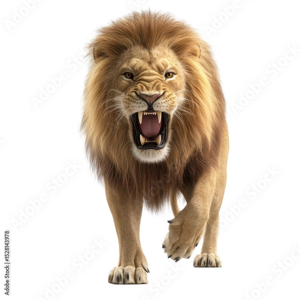 Fototapeta Powerful lion walking with a fierce expression in natural habitat during daylight hours