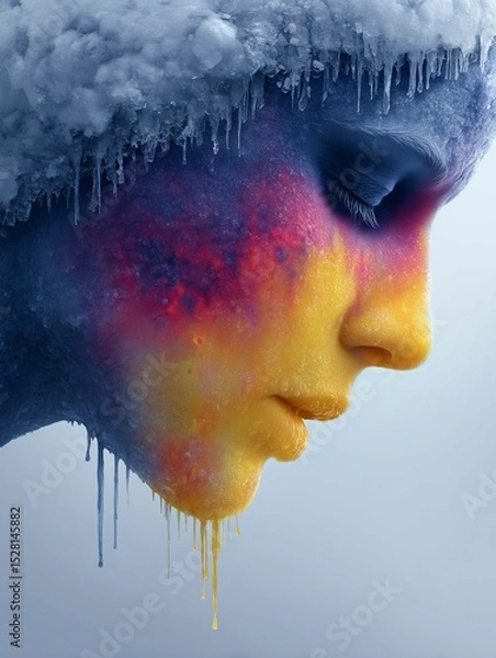 Obraz A woman's face seen from the side as it melts and slides on itself, bright colors, generative ai