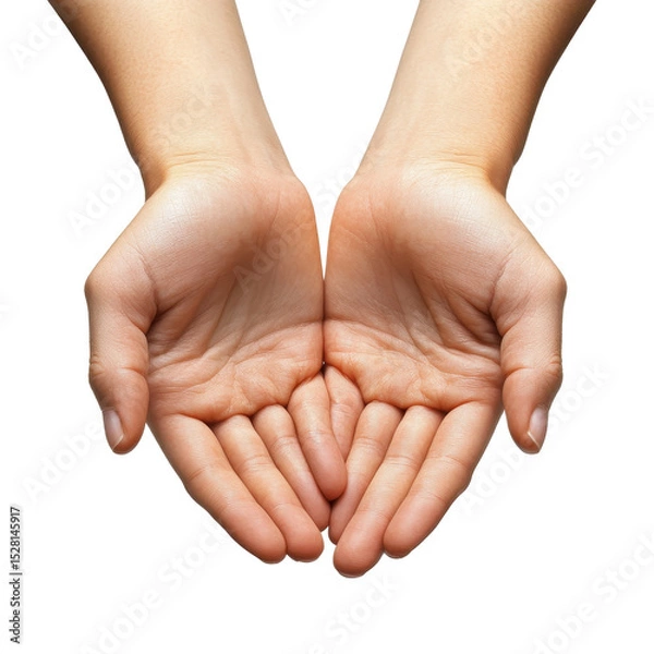 Fototapeta Two open hands cupped and facing upward against a white background, as if presenting or offering something