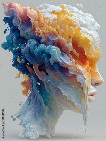 Obraz A woman's face seen from the side as it melts and slides on itself, bright colors, generative ai