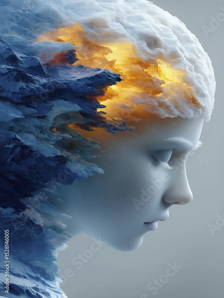 Fototapeta A woman's face seen from the side as it melts and slides on itself, bright colors, generative ai