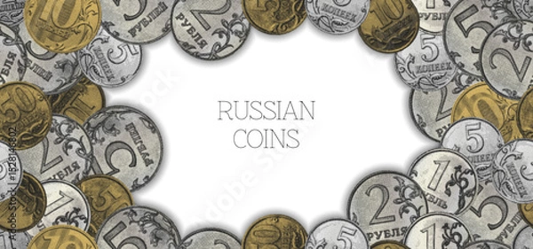Fototapeta Vector financial poster. Change coins of Russia, halftone effect. Wide economic banner. Small ones money of Russian Federation. Sample or template. 1, 2, 5, 10 and 50 kopecks and rubles