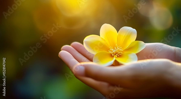 Obraz Hands holding a yellow flower on a soft focus background with bokeh lights
