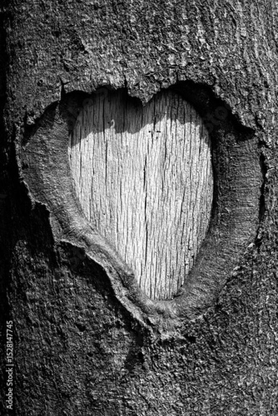 Fototapeta Heart-shaped burst bark of an oak (Quercus) in a forest in the Sauerland (Germany). Wound on the trunk
of the tree caused by climate change and drought. Black and white image with symbolic character.