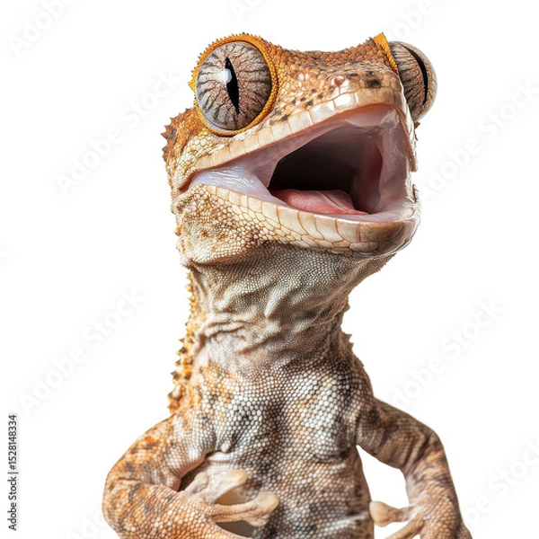 Fototapeta Crested gecko with an open mouth shows its tongue, throat, and detail in the eyes against a white background