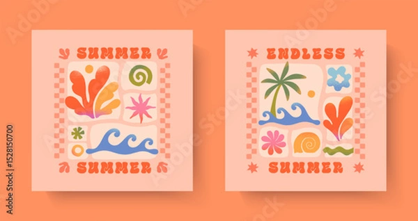 Fototapeta Summer illustrations with sea ocean waves,coral,palm,sun.Groovy boho beach,surf club retro aesthetic.Summer vacation backgrounds in simple funny style.Graphic prints for shirts,banners,covers,branding