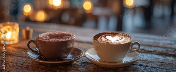 Fototapeta The artistic presentation of coffee cups with heart designs on top.