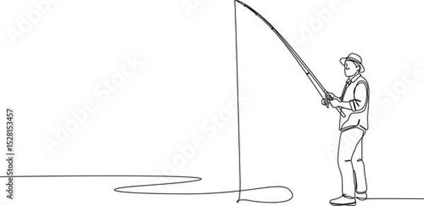 Obraz continuous single line drawing of man fishing with fishing rod, line art vector illustration