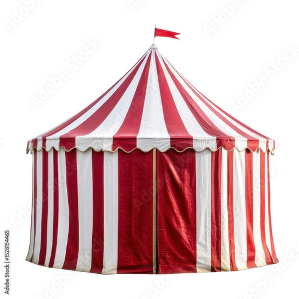 Fototapeta Bright red and white striped tent stands in a field ready for community gathering during sunny afternoon