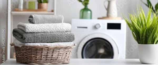 Fototapeta The Cozy Towels and Washing Machine Create a Relaxing Laundry Space.