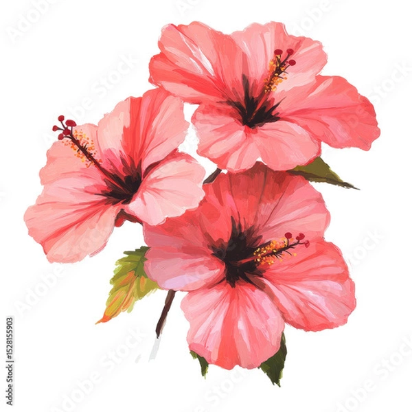 Fototapeta Three hibiscus flowers in varying shades of pink with dark centers and yellow stamens, set against a plain white background