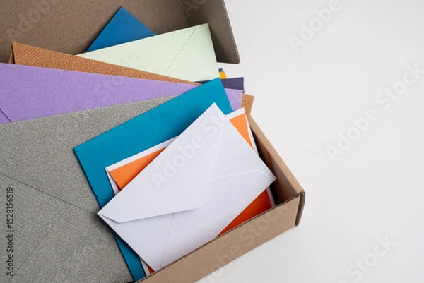 Fototapeta Paper envelopes on a light background. New mail, write a message. Send and receive mail. Postal delivery service. Empty envelope, empty space. Communication with people, paperwork. Envelope close-up