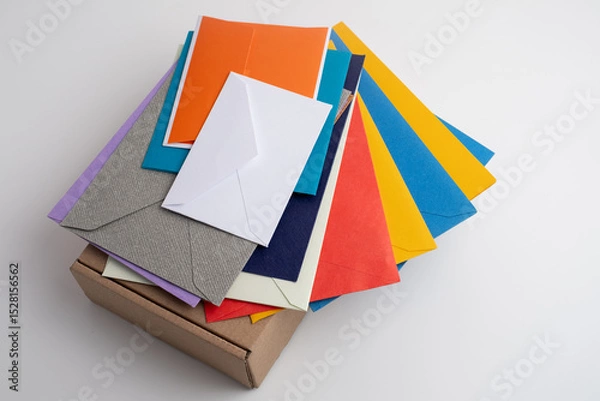 Fototapeta Paper envelopes on a light background. New mail, write a message. Send and receive mail. Postal delivery service. Empty envelope, empty space. Communication with people, paperwork. Envelope close-up