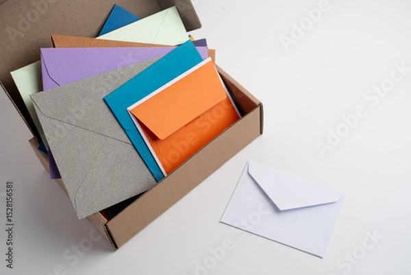 Fototapeta Paper envelopes on a light background. New mail, write a message. Send and receive mail. Postal delivery service. Empty envelope, empty space. Communication with people, paperwork. Envelope close-up