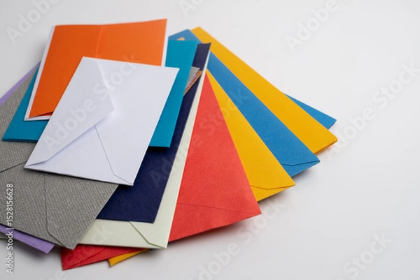 Fototapeta Paper envelopes on a light background. New mail, write a message. Send and receive mail. Postal delivery service. Empty envelope, empty space. Communication with people, paperwork. Envelope close-up