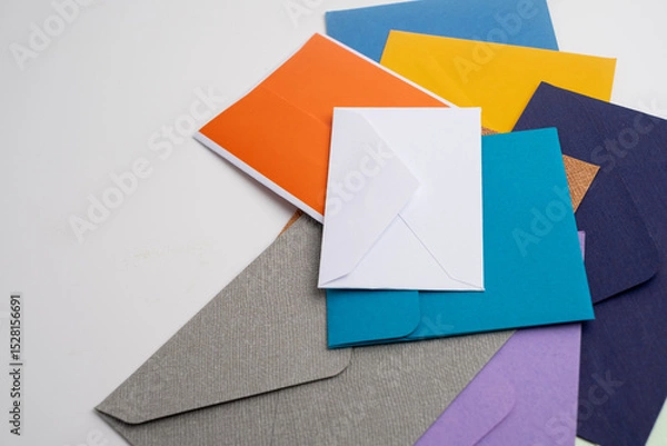 Fototapeta Paper envelopes on a light background. New mail, write a message. Send and receive mail. Postal delivery service. Empty envelope, empty space. Communication with people, paperwork. Envelope close-up