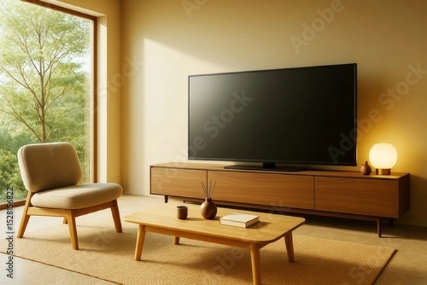 Fototapeta Modern minimalist living room with wooden furniture, large TV, and warm lighting in a bright interior space with large window and natural light.