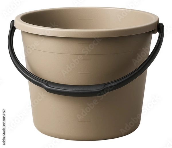 Fototapeta Beige plastic bucket with a sturdy black handle and visible volume markings on transparent background.