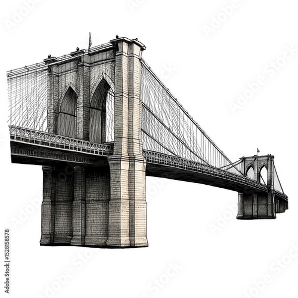 Fototapeta Brooklyn bridge detailed illustration against a white background, showcasing the architectural design and cable suspension system