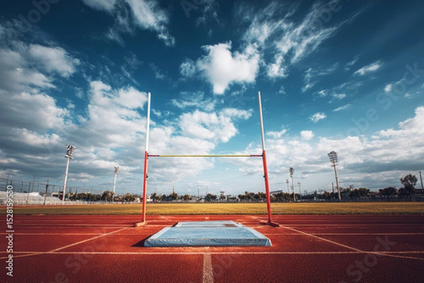 Obraz Empty pole vault runway under vibrant sky with bar set high, symbolizing challenge and aspiration in athletic training. ai generative