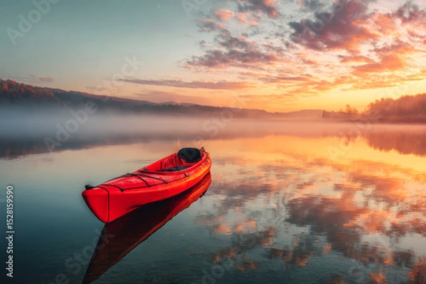 Obraz Solitary red kayak floats on calm lake at sunrise with colorful sky and mist over forested shore, evoking peace and solitude. ai generative